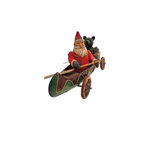 Santa and Bear Rolling Carved Wood in Metal Canoe Vintage Christmas Rustic Decor